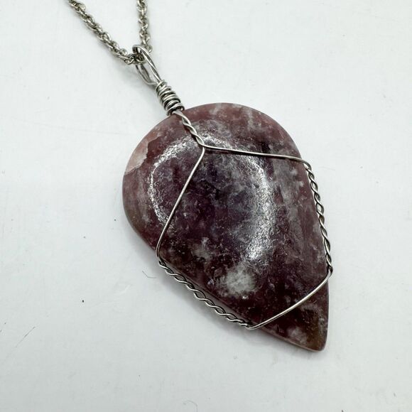 Lepidolite Purple Stone Wire Wrapped Teardrop Pendant Necklace Bohemian 18” - Picture 9 of 10